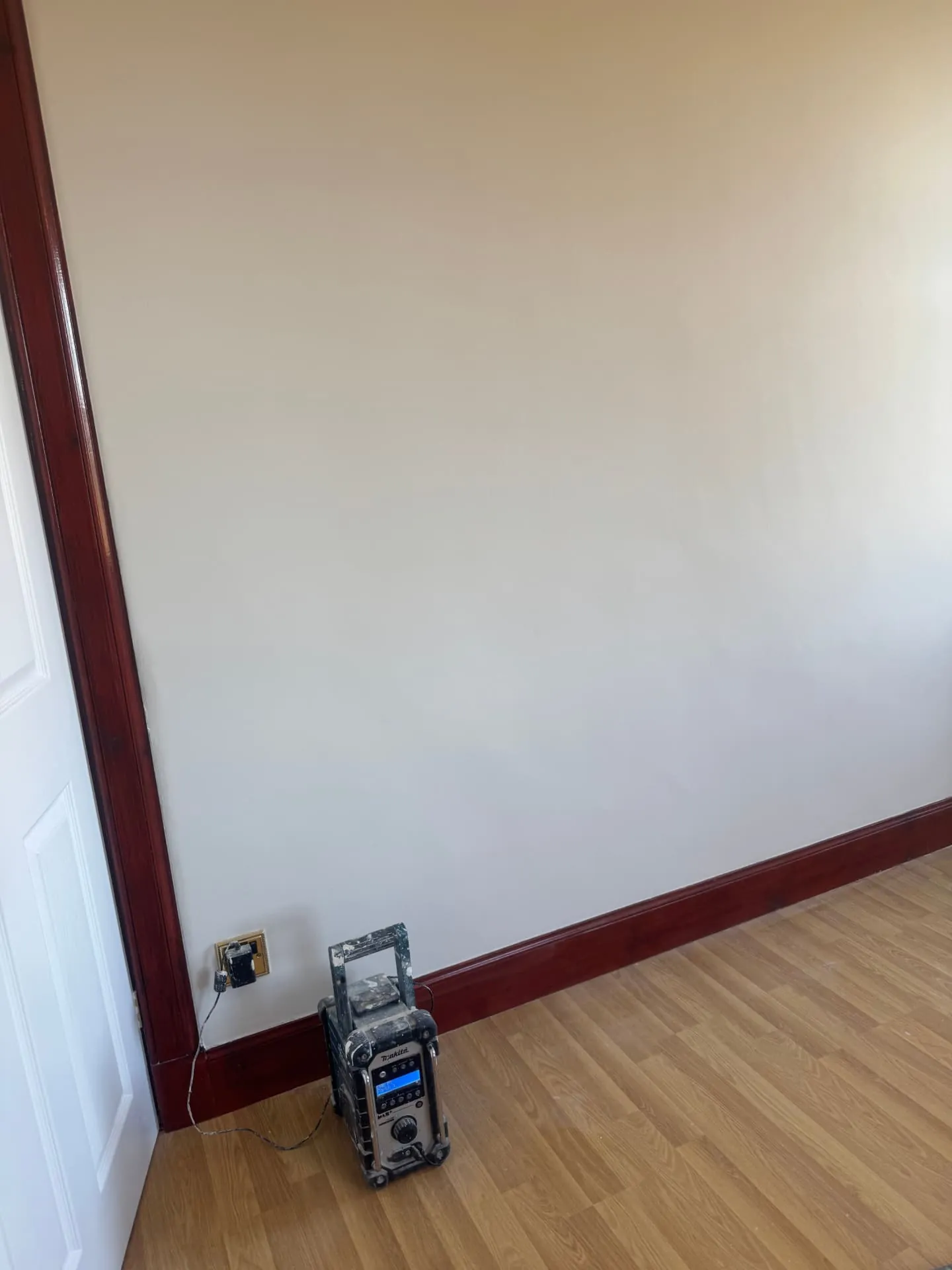 Wall in an Edinburgh period home finished in clean off-white against deep mahogany skirtings and door frame