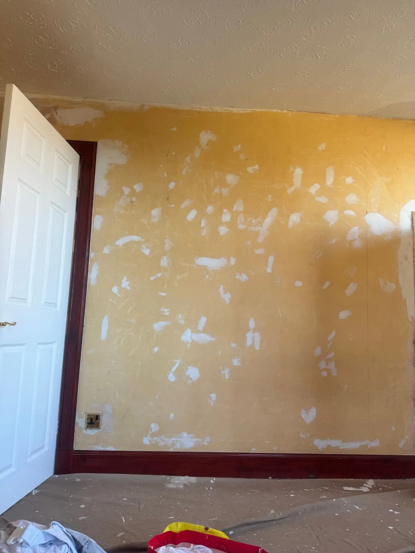 Wall stripped back to bare plaster and filled ready for painting by W J Crighton in Bonnyrigg, floors fully sheeted